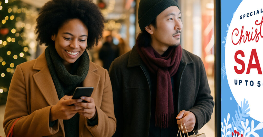 Smiling shoppers browsing Christmas sale while checking phone in festive mall.
